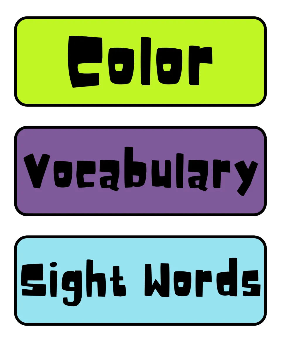 Focus wall header cards reading Color, Vocabulary and Sight Words in bold black type on lime, purple and aqua strips