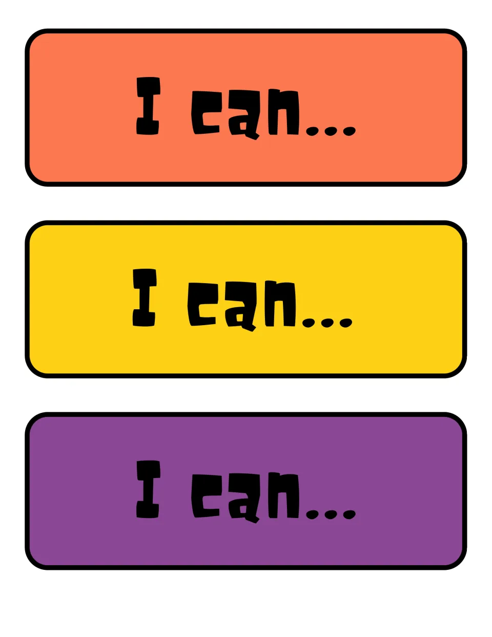 Three more I can... sentence-starter strips in coral, yellow and purple, left open for writing in goal statements