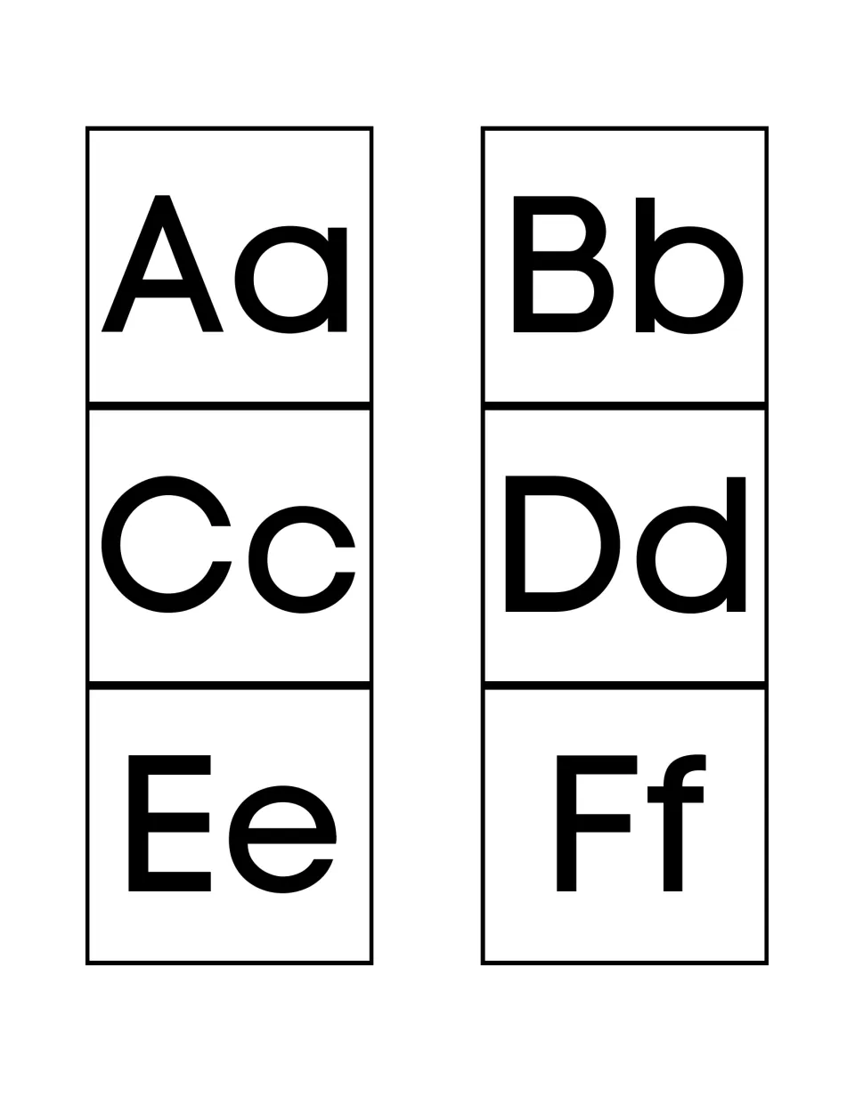 Alphabet letter cards Aa to Ff showing each uppercase and lowercase letter pair in plain black print for letter recognition