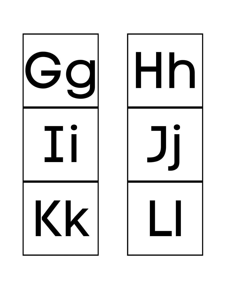 Alphabet letter cards Gg to Ll with uppercase and lowercase pairs Gg, Hh, Ii, Jj, Kk and Ll printed in black
