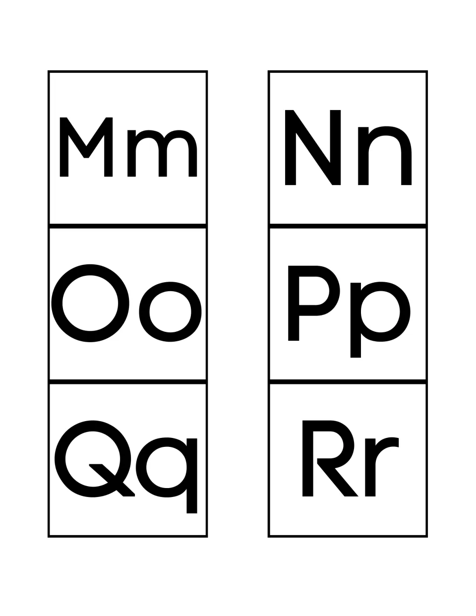Alphabet letter cards Mm to Rr with uppercase and lowercase pairs Mm, Nn, Oo, Pp, Qq and Rr printed in black