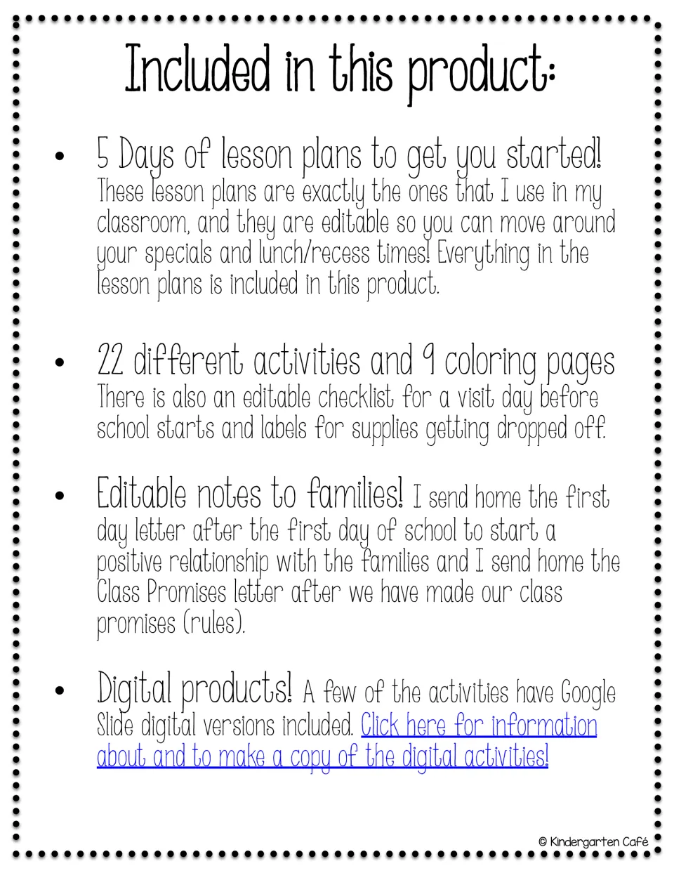 Resource overview listing five days of lesson plans, 22 activities, nine coloring pages, and family notes