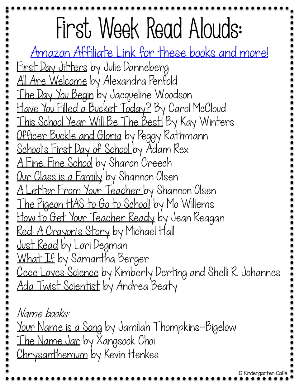 First-week read-aloud list including First Day Jitters, All Are Welcome, and three books about names