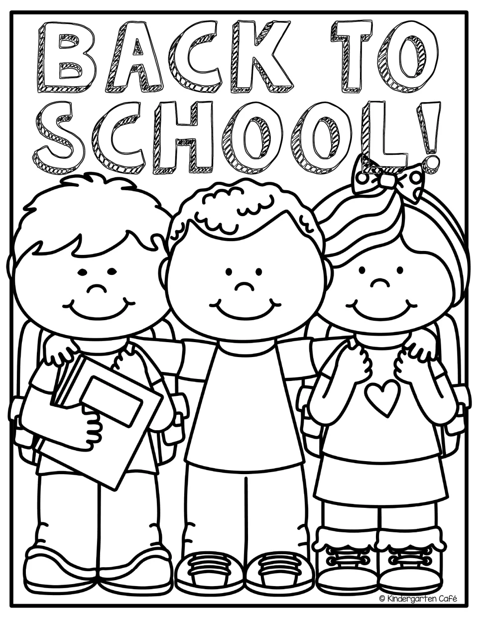 Back-to-school coloring sheet reading “BACK TO SCHOOL!” above three children wearing school backpacks