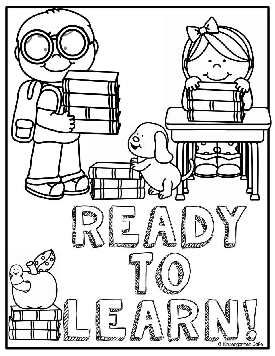 Back-to-school coloring sheet reading “READY TO LEARN!” with two children, stacks of books, and a dog