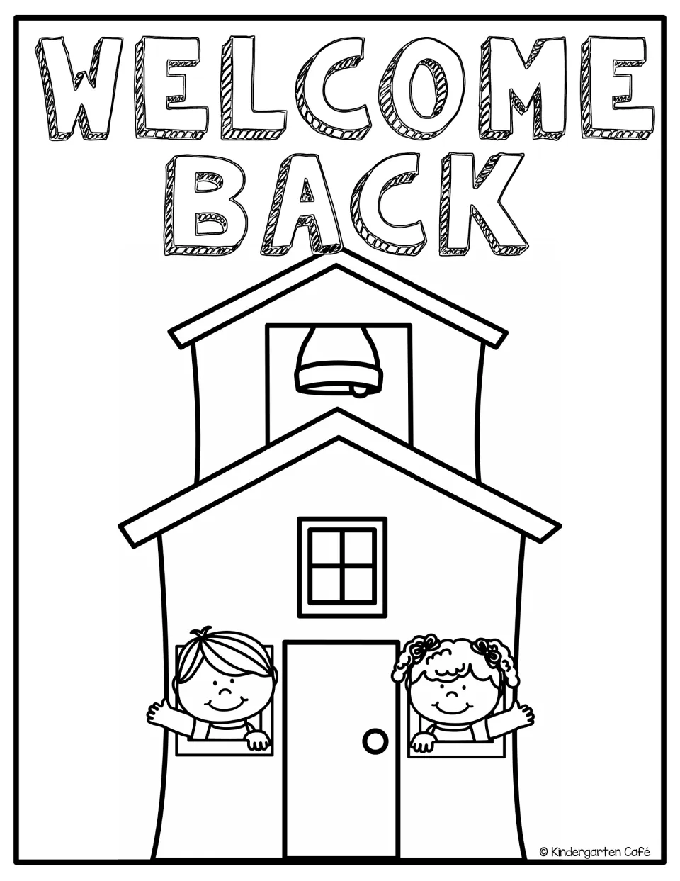 Back-to-school coloring sheet reading “WELCOME BACK” above a schoolhouse with two children waving