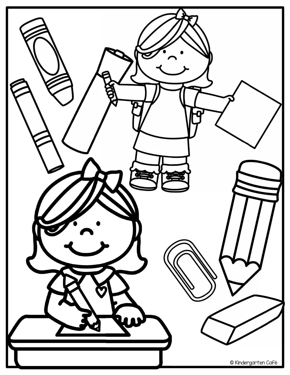Back-to-school coloring sheet showing a girl holding paper, a girl writing, and oversized school supplies