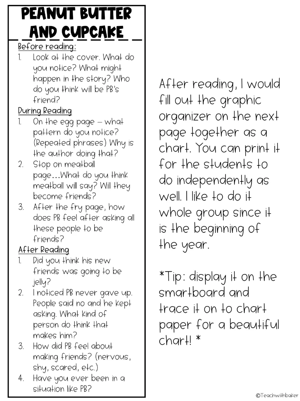 Read-aloud questions for Peanut Butter and Cupcake: before, during and after reading prompts on prediction and feelings