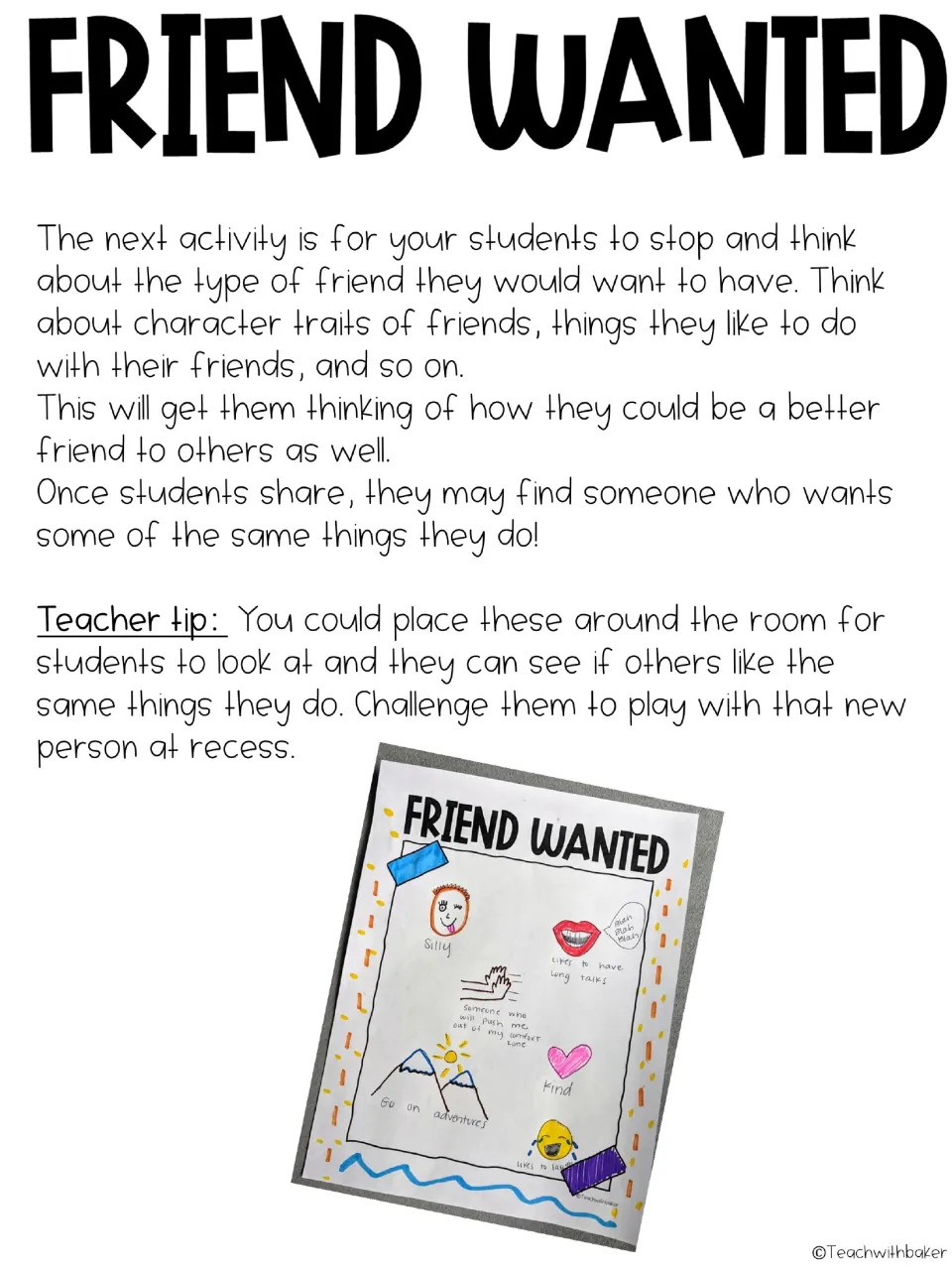 Friend Wanted directions: students think about traits they want in a friend; photo shows a finished drawn poster