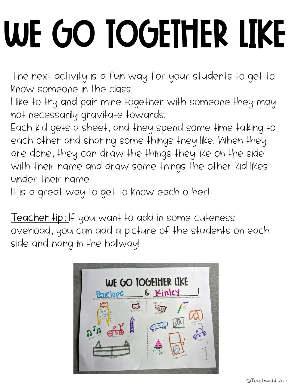We Go Together Like directions: partners share things they like and draw them; a finished partner sample is shown