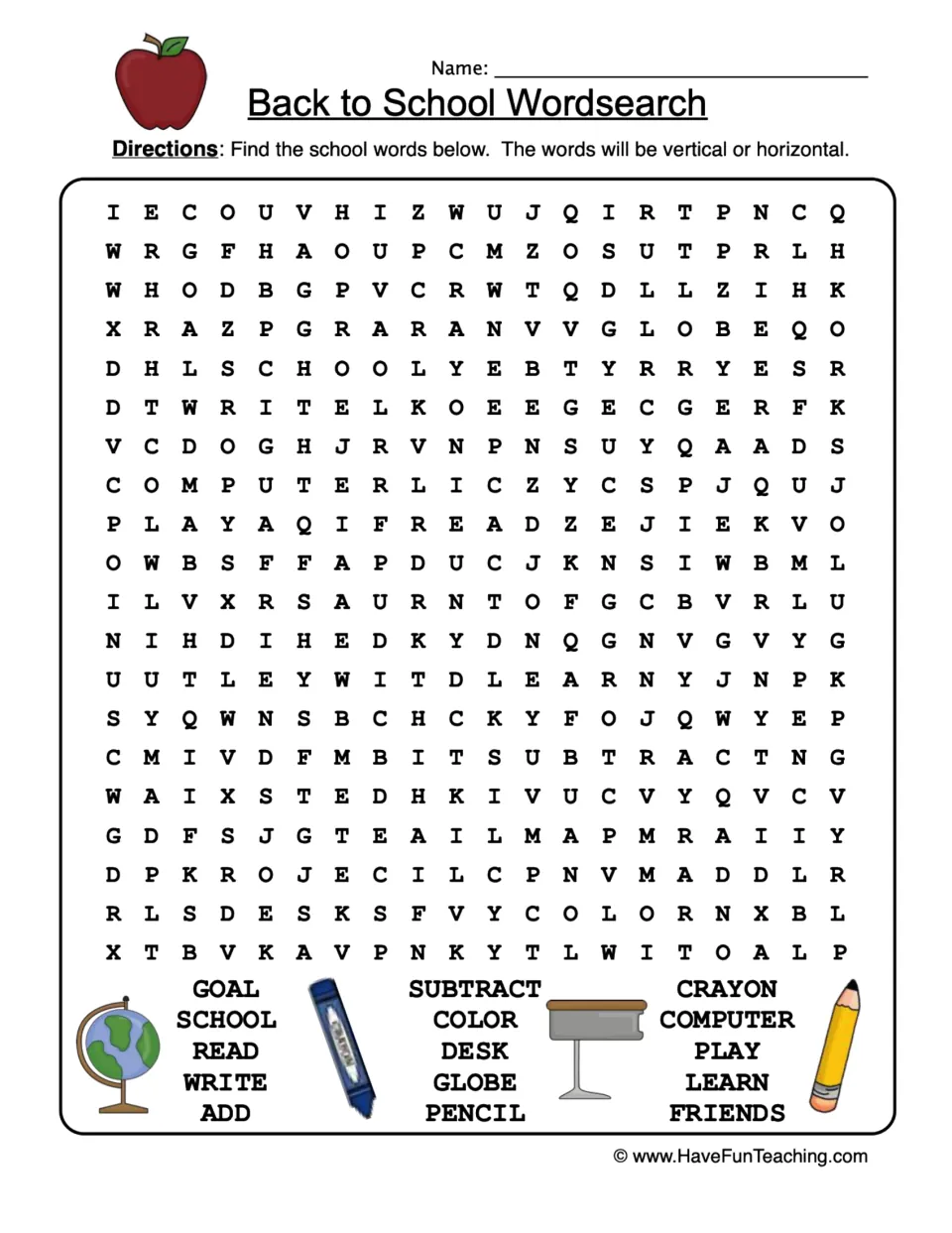 School word search: find 15 words, including goal, school, read, write, subtract, color, desk, and globe.