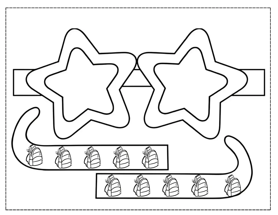 Star-shaped glasses to color and cut out, with two arm pieces decorated with rows of backpacks for a first-day craft