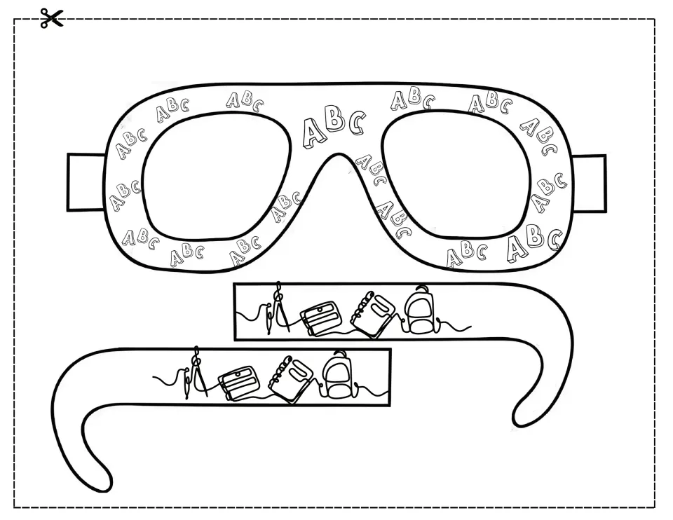 ABC goggles craft: students color and cut the letter-covered frame and arms showing a pencil, compass and backpack