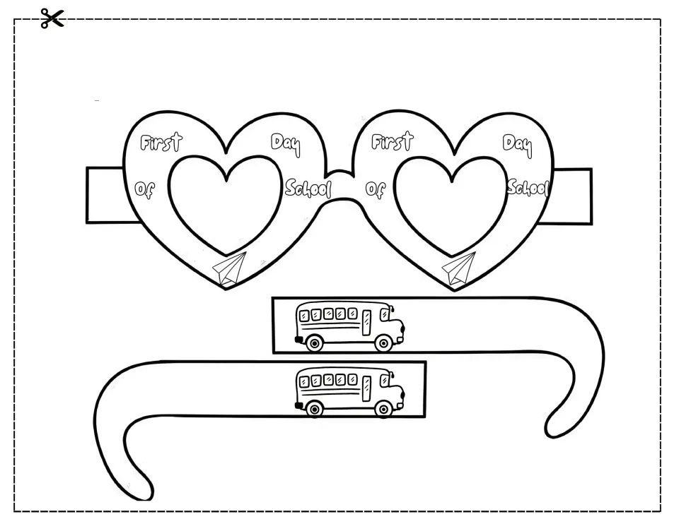 Heart glasses reading First Day of School with paper airplanes; students color and cut the frame and two school bus arms