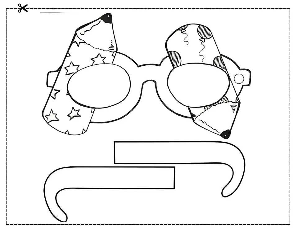 Round glasses overlaid by two pencils patterned with stars and balloons; students color and cut out frame and arms