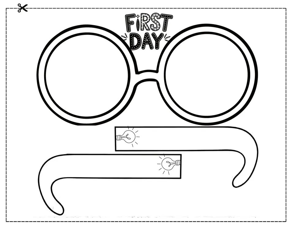 First Day round glasses: students color and cut out the circle frame with a lettered header and two light bulb arms
