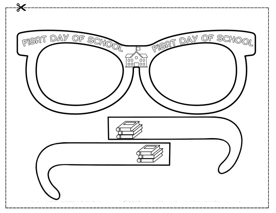 Cat-eye glasses with a first-day banner and schoolhouse at the bridge; students color and cut out the frame and book arms