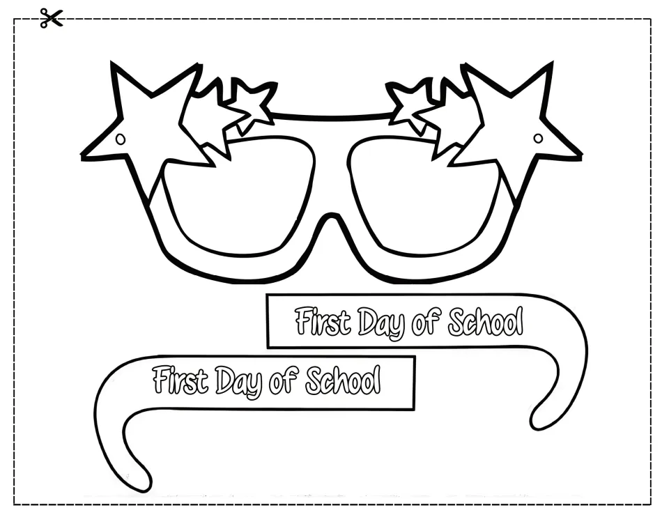 Star-trimmed party glasses to color and cut out, with two arms reading First Day of School for wearing on day one