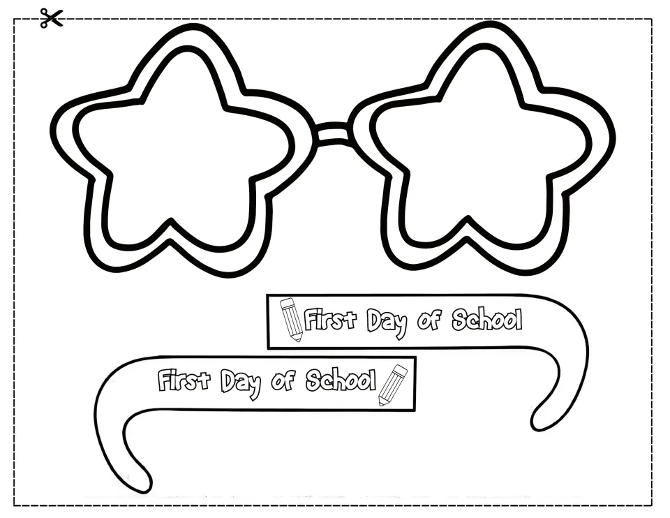 Star-frame glasses with pencil-decorated arms reading First Day of School; students color, cut and assemble to wear