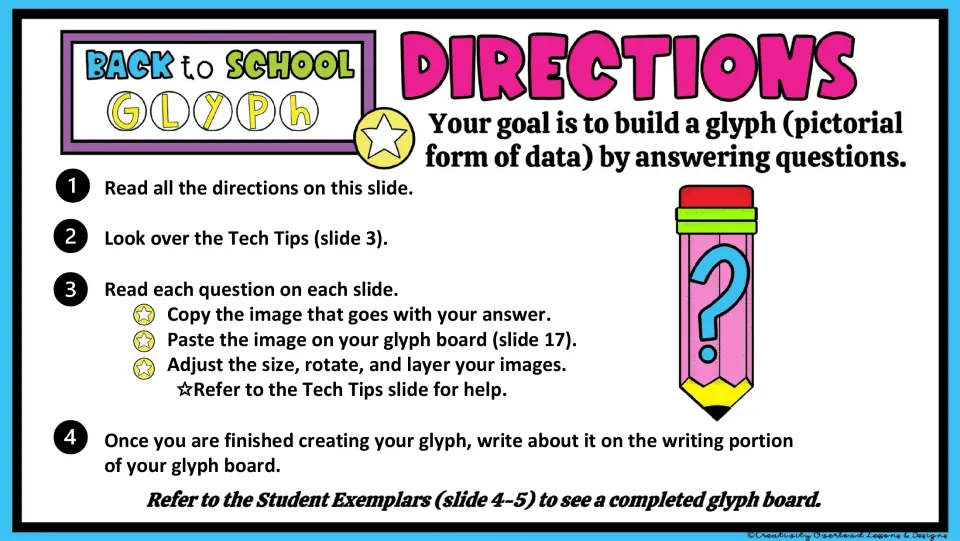 Glyph directions: answer questions, copy matching images to slide 17, adjust them, and write about the glyph