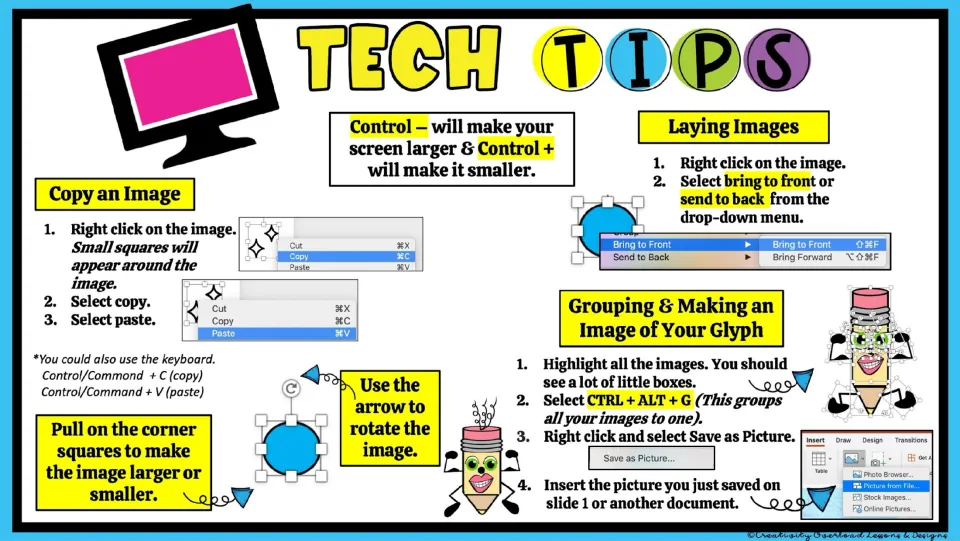 Glyph tech tips explain copying, pasting, resizing, rotating, layering, grouping, and saving images