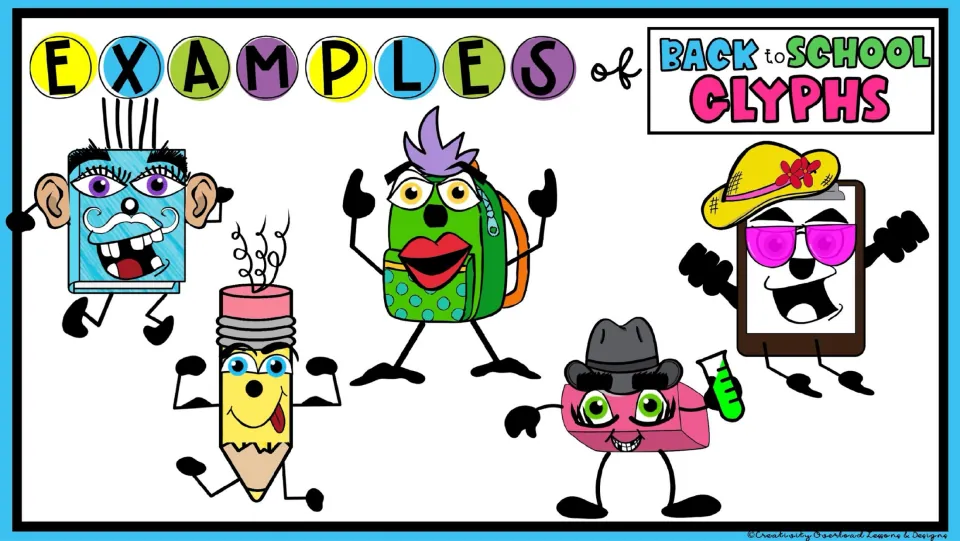 Five sample glyph characters use a book, pencil, backpack, eraser, and clipboard with faces and limbs