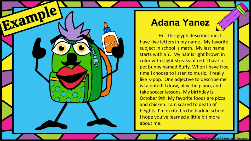 Completed backpack glyph and Adana Yanez's example paragraph connect character features to personal facts