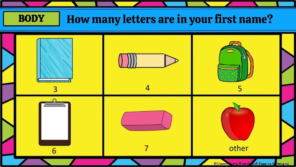 Glyph body choices match first-name lengths: 3 book, 4 pencil, 5 backpack, 6 clipboard, 7 eraser, other apple