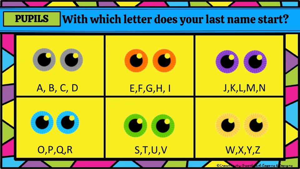 Glyph pupil choices match last-name initials: A–D gray, E–I orange, J–N purple, O–R blue, S–V green, W–Z yellow