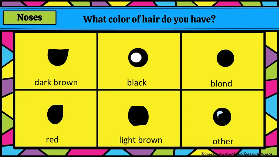 Glyph nose choices match hair colors: dark brown, black, blond, red, light brown, and an other option