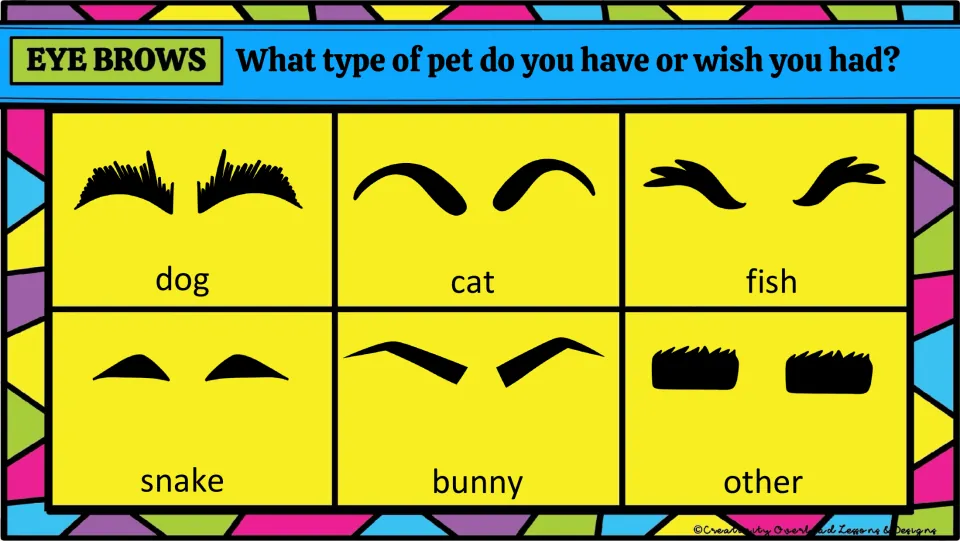 Glyph eyebrow choices match a pet students have or wish for: dog, cat, fish, snake, bunny, or other