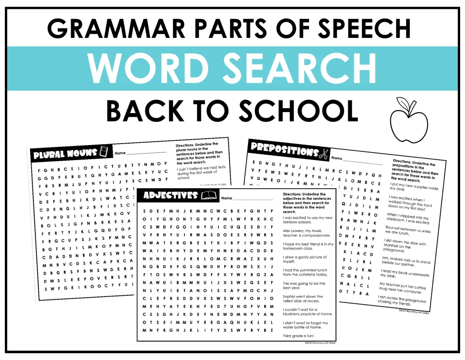 Grammar parts of speech word search cover, back to school, showing plural nouns, prepositions and adjectives puzzles