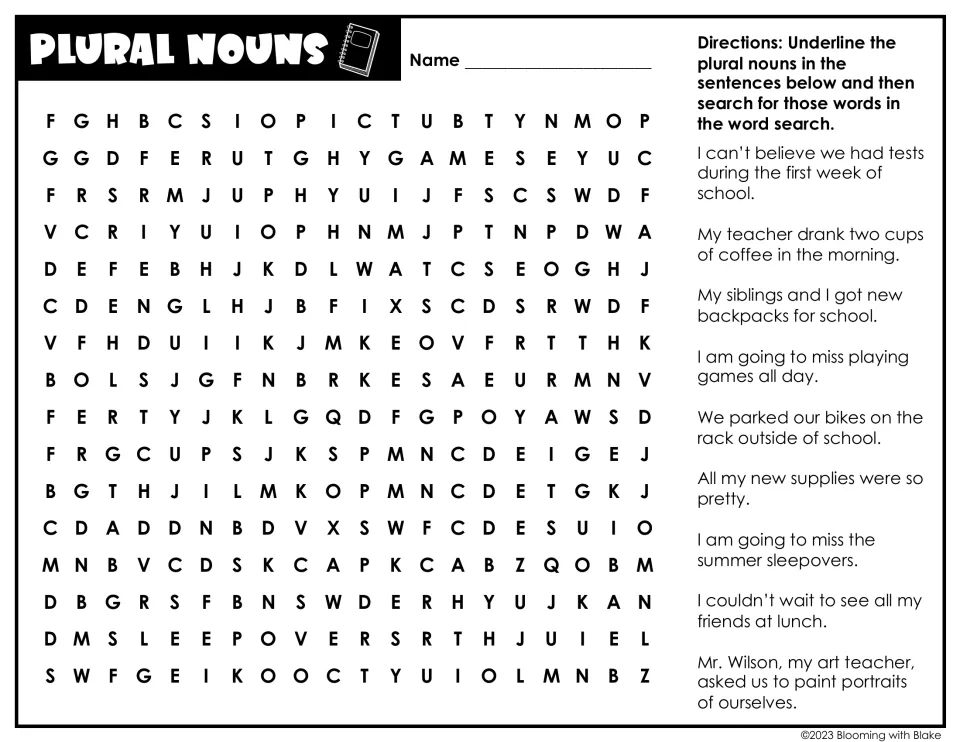 Plural nouns: students underline plurals like tests, cups and backpacks in 9 school sentences, then search for them