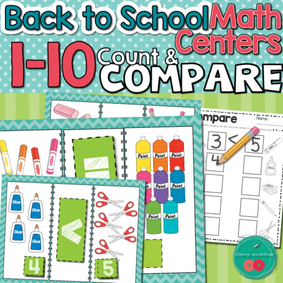 Back to School Math Centers 1-10 Count & Compare cover: school supply counting mats, < cards and a recording sheet