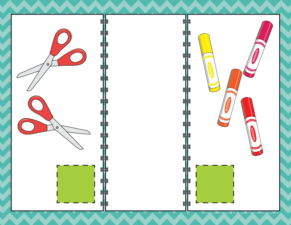 Comparing numbers mat: students count 2 scissors and 4 markers, label each total and place the < or > sign in the middle