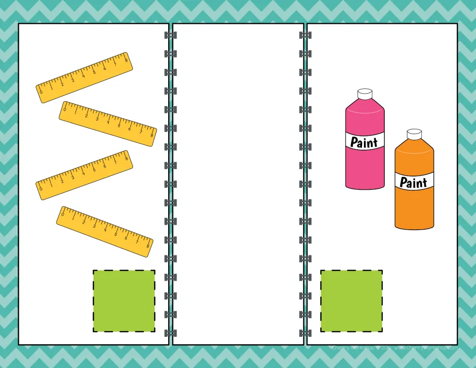 Comparing numbers mat: students count 4 rulers and 2 paint bottles, add number cards and choose greater than or less than