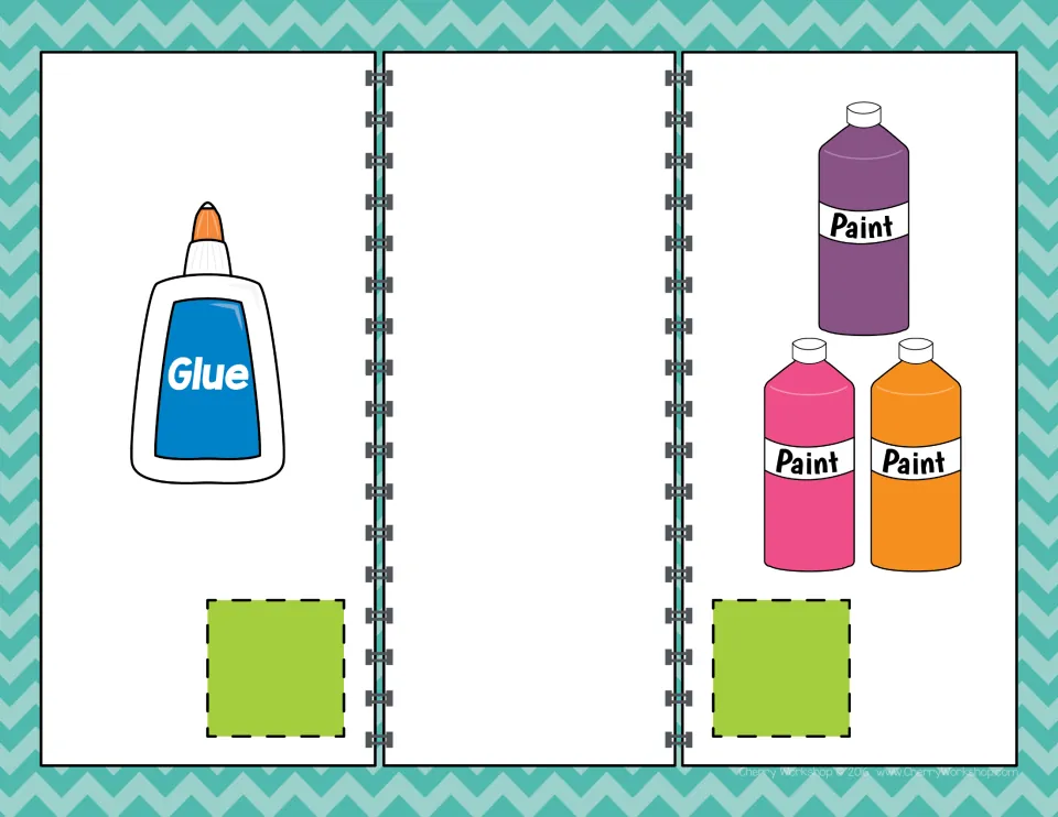 Comparing numbers mat: students count 1 glue bottle and 3 paint bottles, then mark which set is smaller with a symbol card