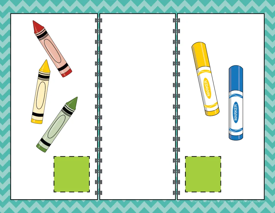Comparing numbers mat: students count 3 crayons and 2 markers, place a number card under each set and compare with < or >