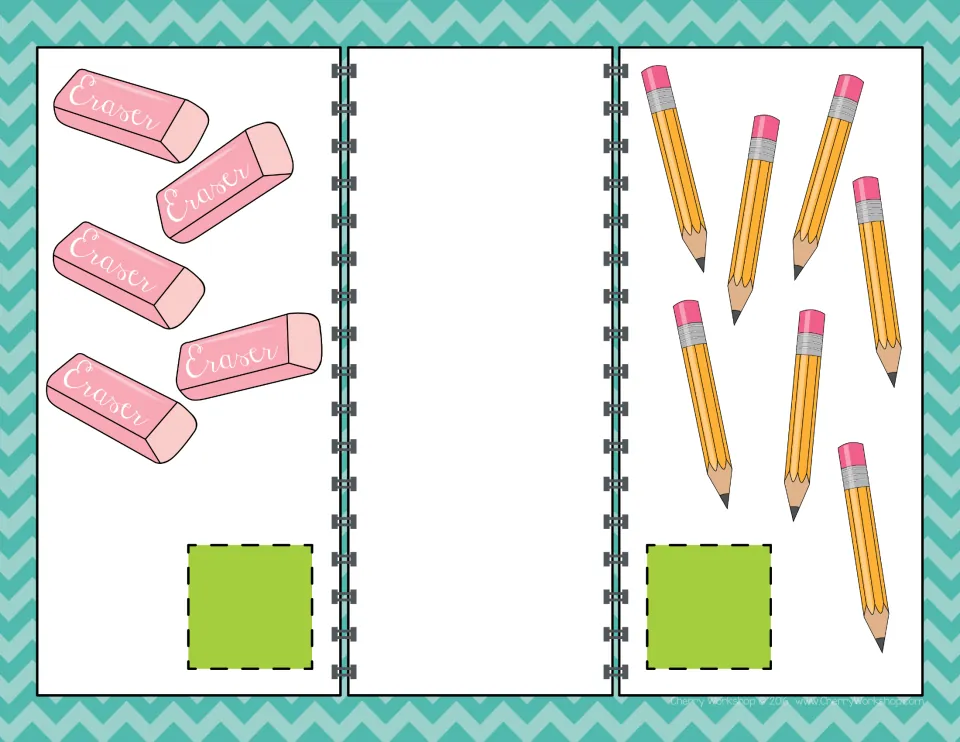 Comparing numbers mat: students count 5 erasers and 7 pencils, record both totals and set the correct comparison symbol