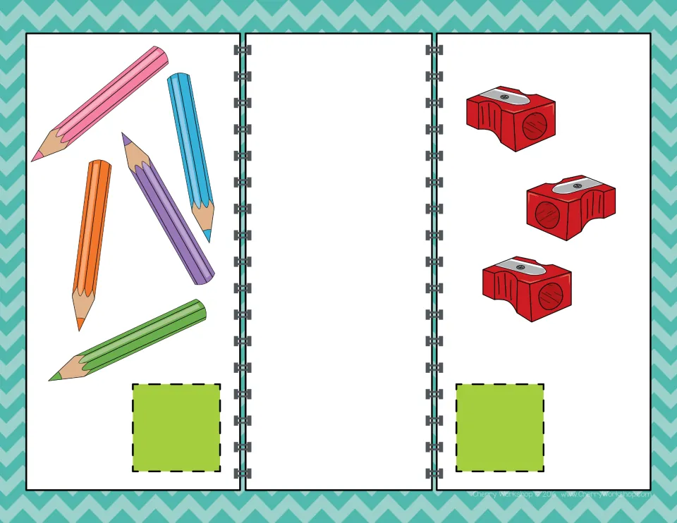 Comparing numbers mat: students count 5 colored pencils and 3 pencil sharpeners, then show the larger set with < or >