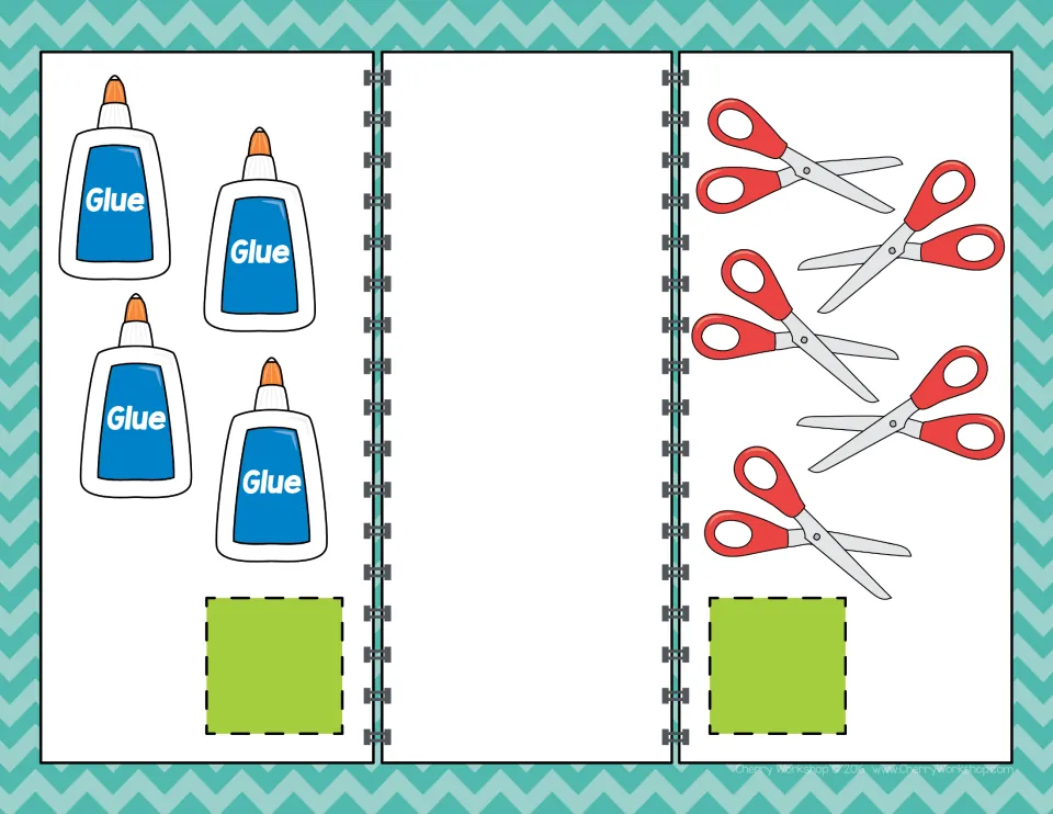 Comparing numbers mat: students count 4 glue bottles and 5 scissors, match number cards and pick the sign between them