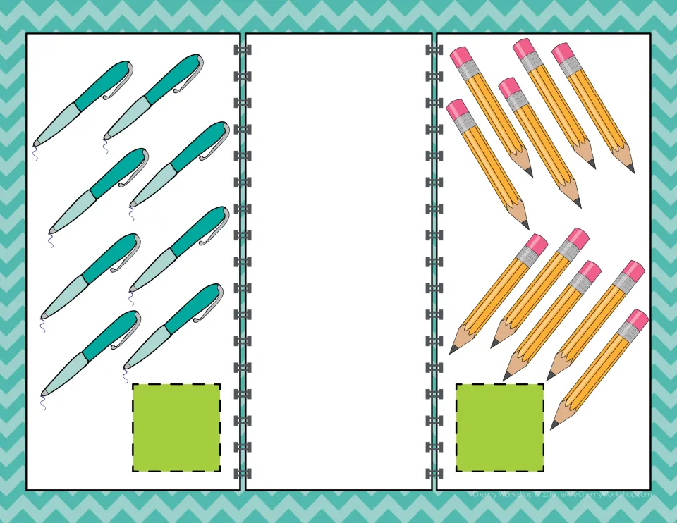 Comparing numbers mat: students count 8 pens and 10 pencils, label each group and decide which is greater or less