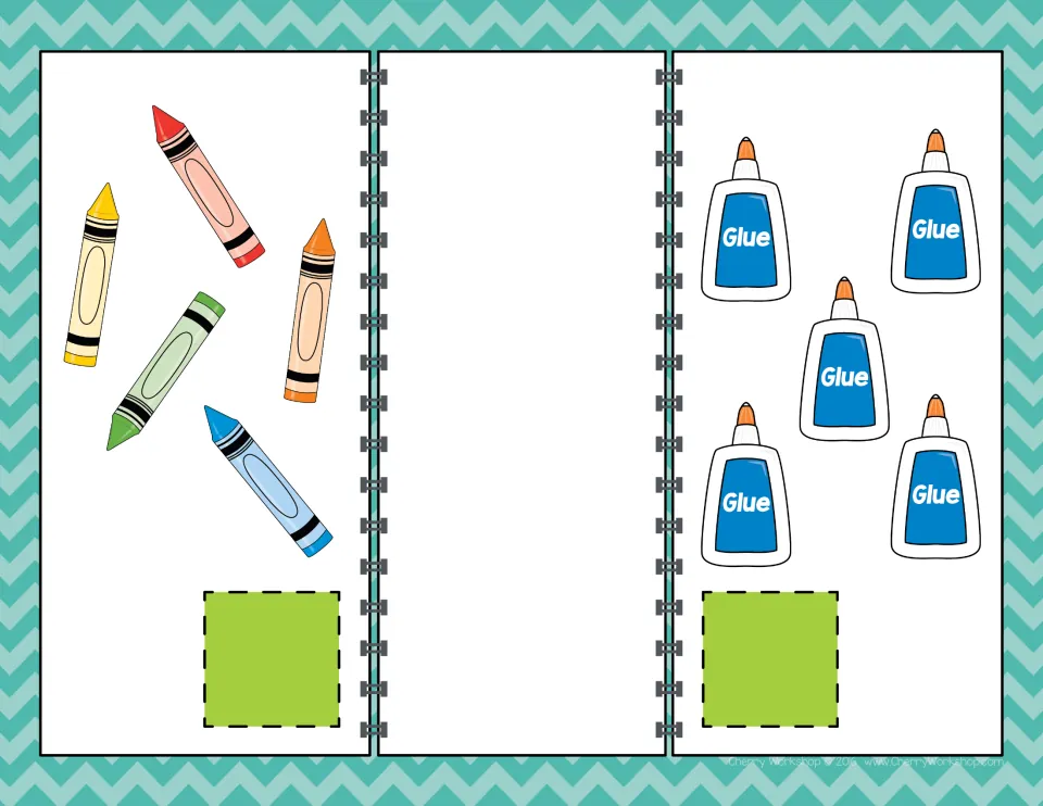 Comparing numbers mat: students count 5 crayons and 5 glue bottles and see that the two sets are equal