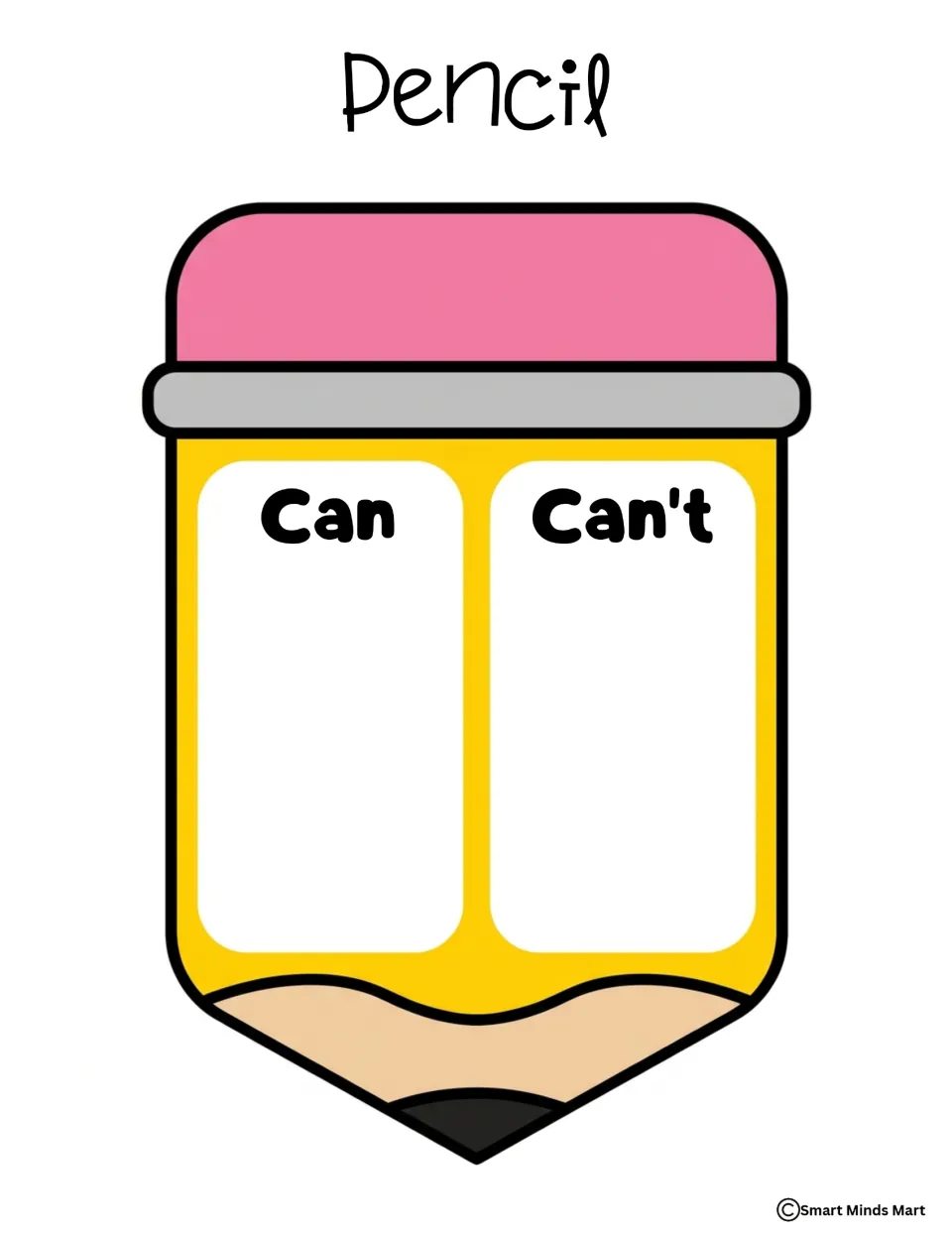 Color pencil sorting mat labeled Can and Can't for sorting picture cards about school supply use