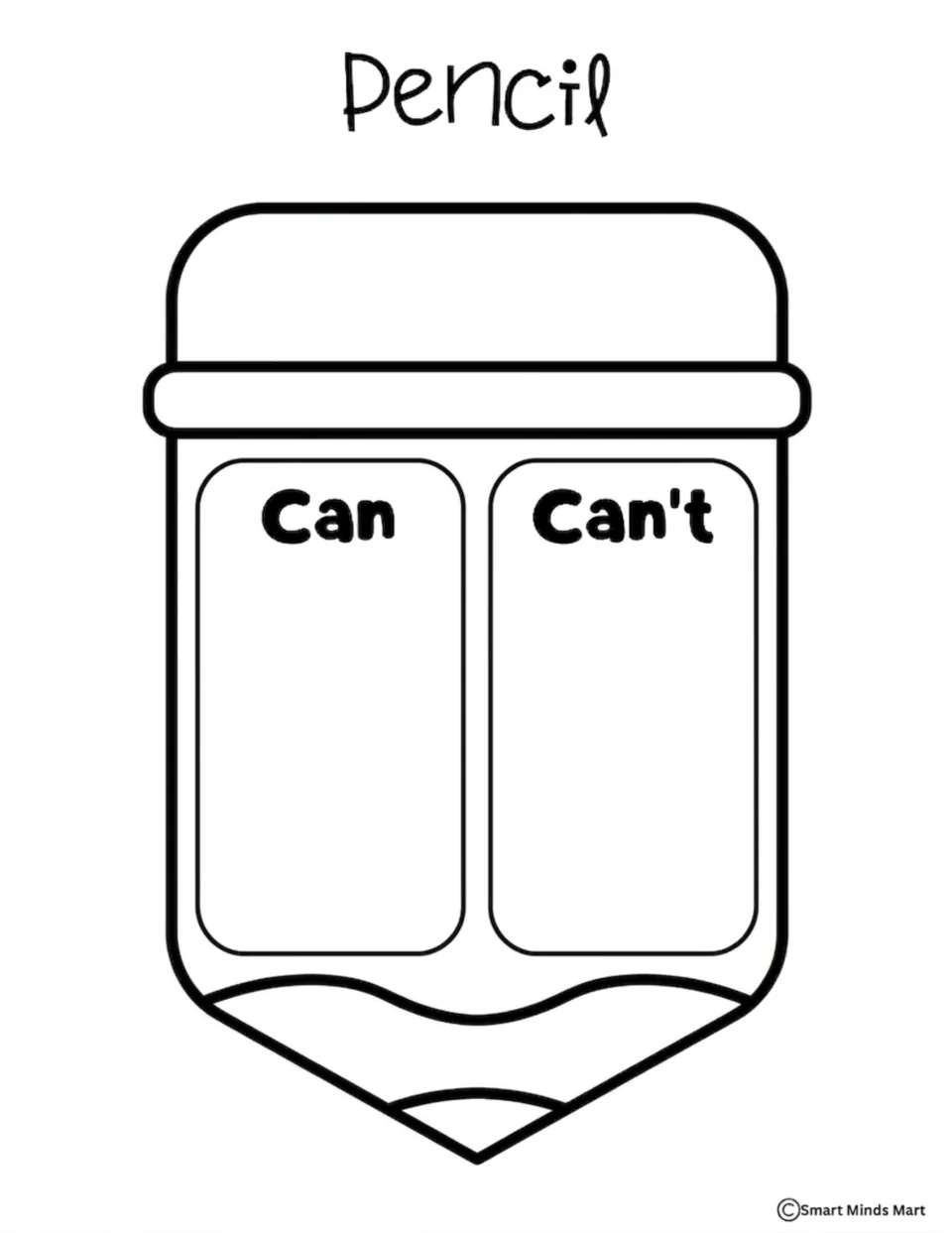Black-and-white pencil sorting mat labeled Can and Can't for sorting cards about school supply use