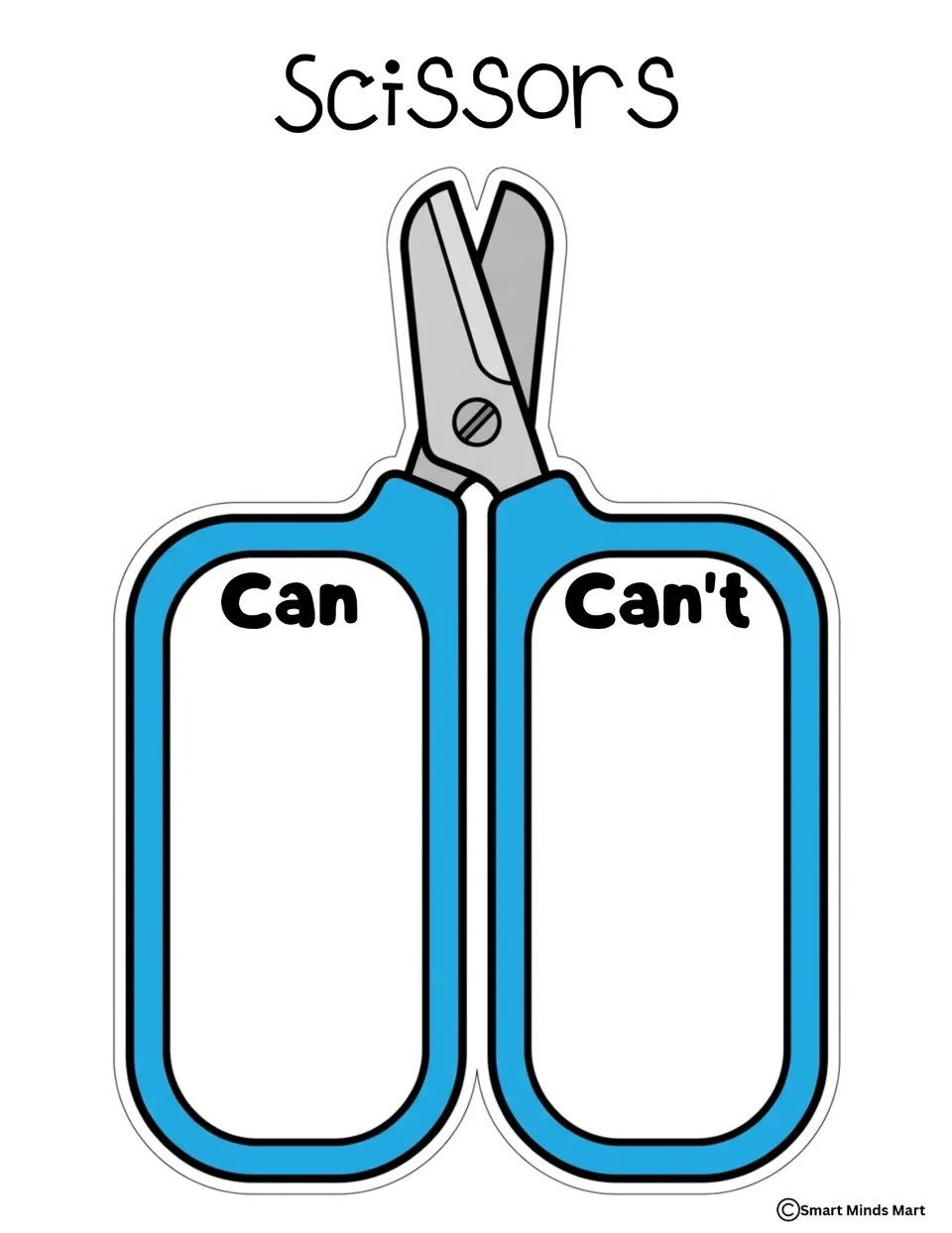 Color scissors sorting mat labeled Can and Can't for sorting picture cards about school supply use