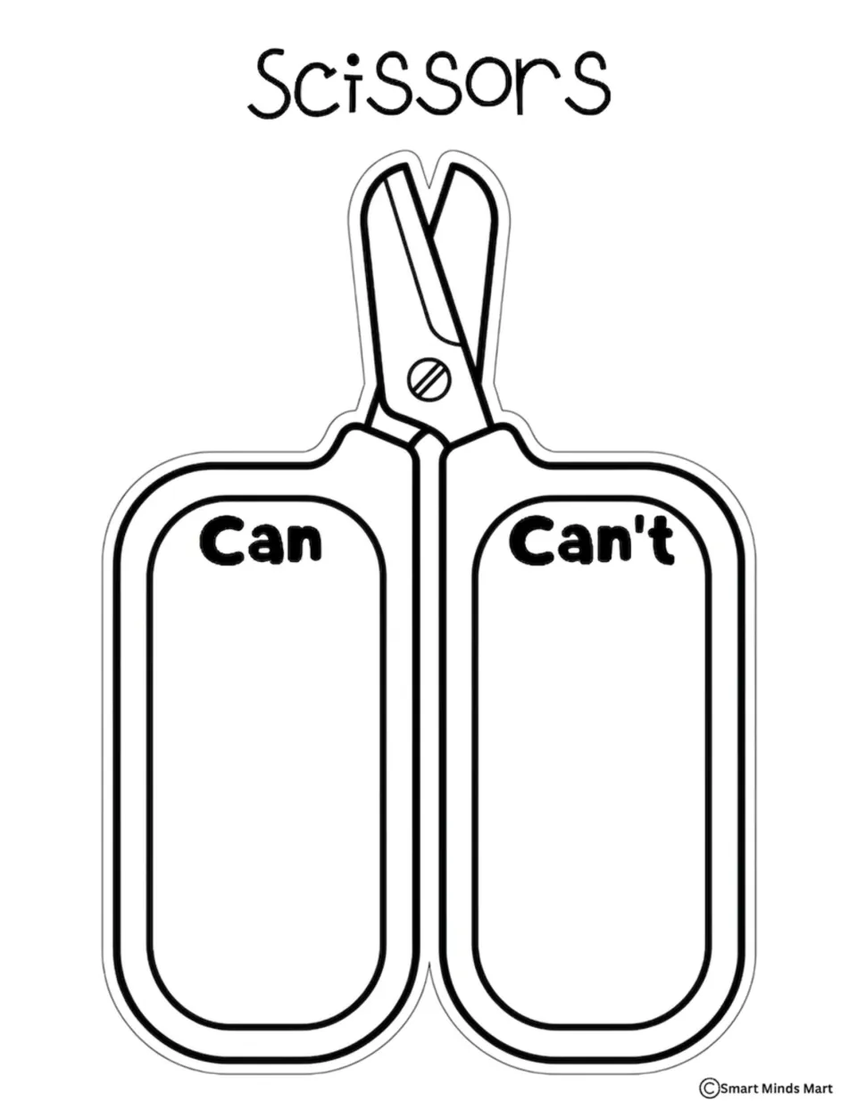 Black-and-white scissors sorting mat labeled Can and Can't for sorting cards about school supply use