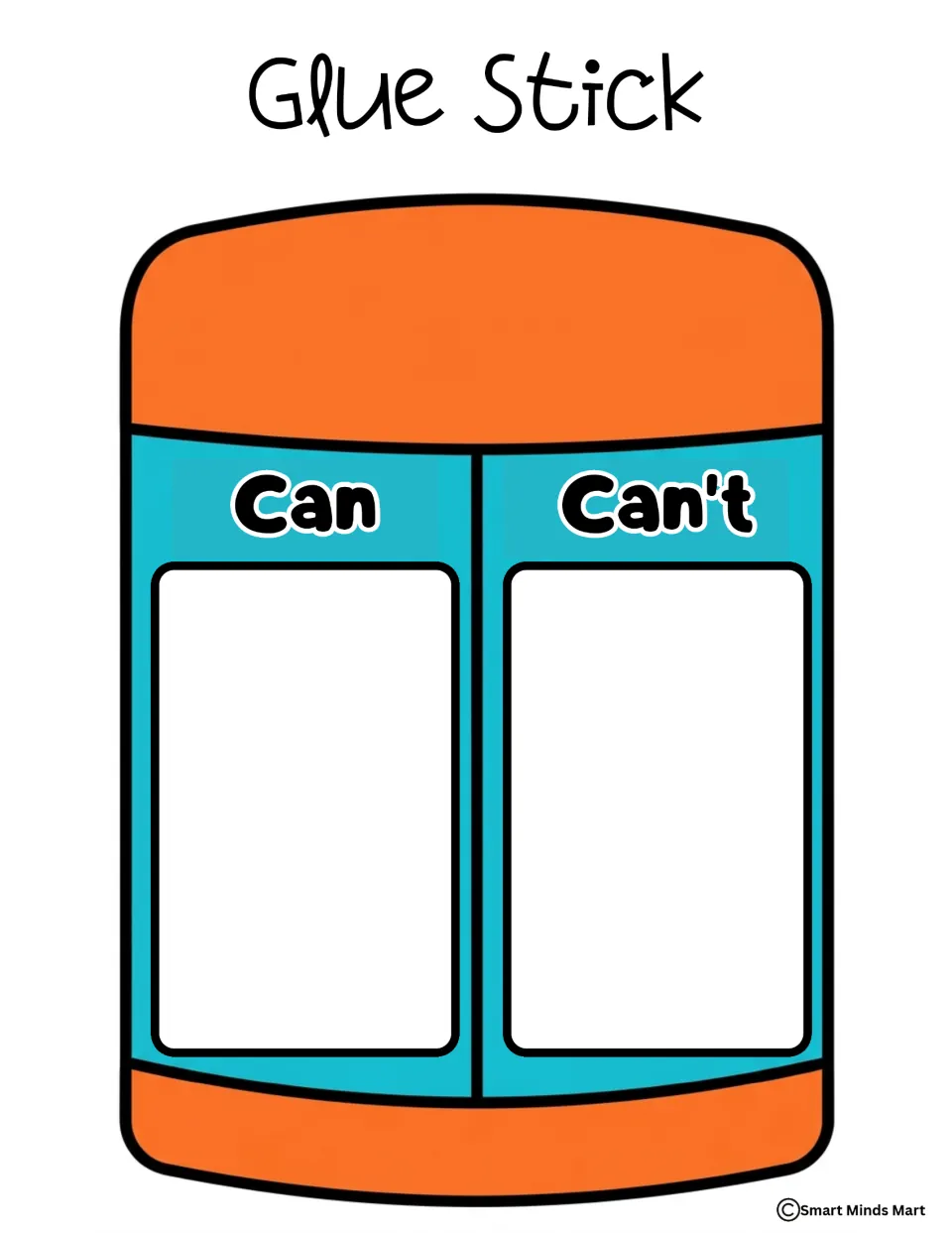 Color glue stick sorting mat labeled Can and Can't for sorting picture cards about school supply use