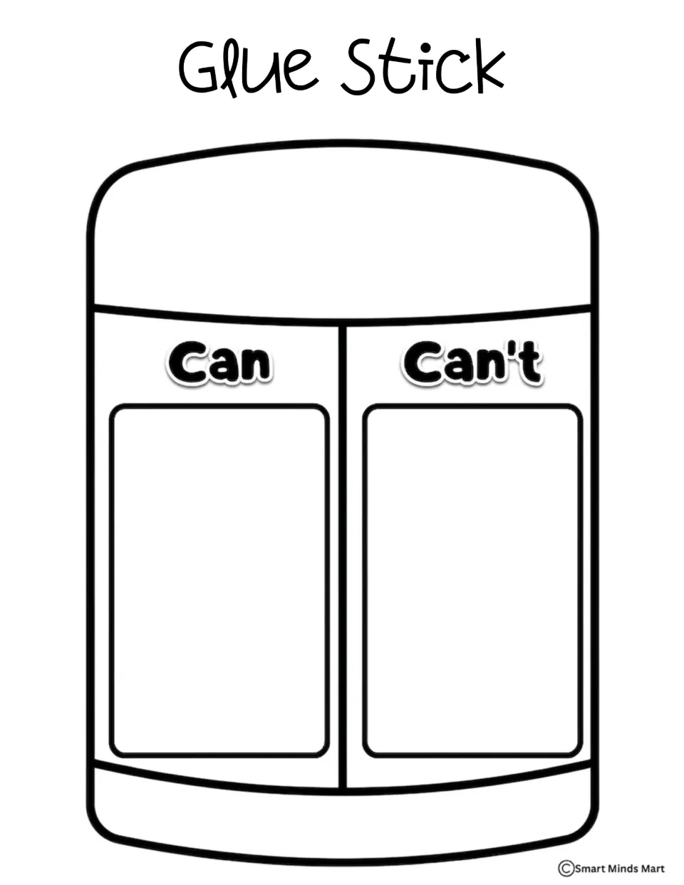 Black-and-white glue stick sorting mat labeled Can and Can't for sorting cards about school supply use