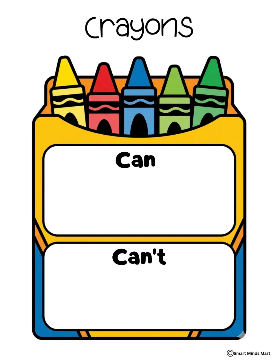 Color crayons sorting mat labeled Can and Can't for sorting picture cards about school supply use